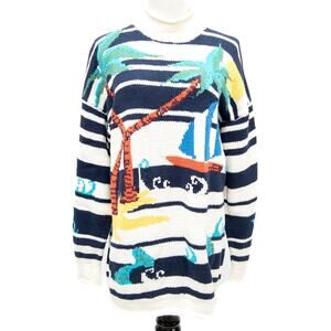 Vintage Harold's White & Blue Striped Palm Tree Sailboat Sweater Size Large